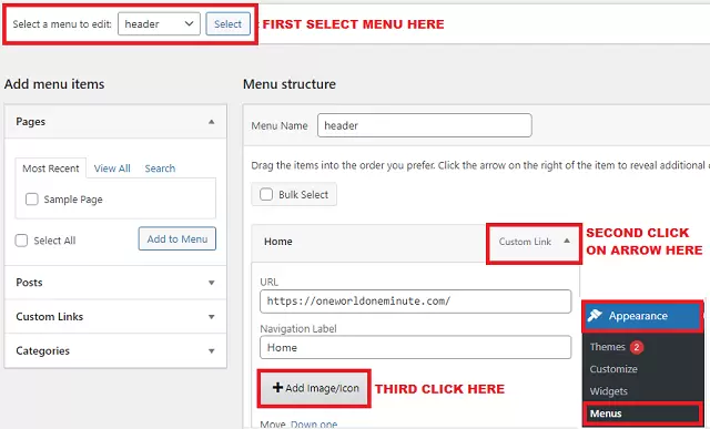 वर्डप्रेस Site में Navigation Menu के साथ Image Icon Add कैसे करें 2 menu image icon